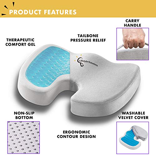 Large Seat Cushion with Carry Handle and Anti Slip Bottom, Large Gel Memory Foam Seat Cushion - Orthopedic Gel & Memory Foam - Coccyx Cushion for Tailbone Pain – Sciatica & Back Pain Relief (Grey)