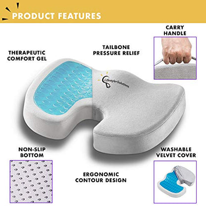 Large Seat Cushion with Carry Handle and Anti Slip Bottom, Large Gel Memory Foam Seat Cushion - Orthopedic Gel & Memory Foam - Coccyx Cushion for Tailbone Pain – Sciatica & Back Pain Relief (Grey)