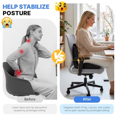 Ergonomic Seat Cushion, Office Chair Seat Cushions with L-Shaped Design, Memory Foam Orthopedic Cushion with Coccyx Hollow, Lumbar Support & Tailbone Pain Relief for Car, Truck, Gaming Chair (Black)