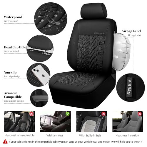CAR PASS Neoprene Waterproof Seat Covers Full Sets, Wetsuit Car Seat Covers 5 Seats Universal Fit for Vans, Truck, SUV, 3D Tyre Embossed Seat Covers Anti Slip with Armrests, Aibag Compatible(Black) - color: Black Solid, size: Full sets