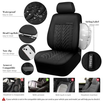 CAR PASS Neoprene Waterproof Seat Covers Full Sets, Wetsuit Car Seat Covers 5 Seats Universal Fit for Vans, Truck, SUV, 3D Tyre Embossed Seat Covers Anti Slip with Armrests, Aibag Compatible(Black) - color: Black Solid, size: Full sets