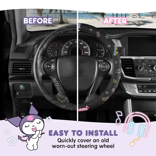 Sanrio Hello Kitty and Friends Kuromi Black Car Steering Wheel Cover, Universal Fit Cute Accessories for Women Stylish Decor Gifts Hello Kitty Accessories - Fits Standard Wheels 14.5"-15" - style: Kuromi Black