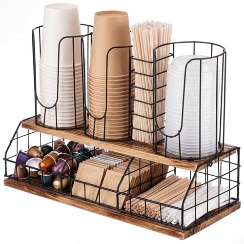 18oz Adjustable Coffee Cup Dispenser with Wooden Base, Cup and Lid Holder, Cups Holder Organizer for Coffee Pod Straw and Lid Storage(4-compartment Double,Color 5) - color: Color 5, style: 4-Compartment Double