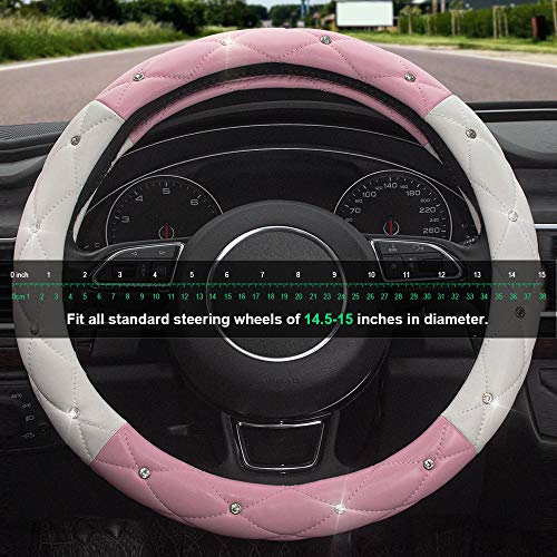 White Pink Steering Wheel Cover, Anti-Slip Steering Wheel Protector with Crystal Rhinestones Microfiber Leather, Steering Wheel Cover for Women and Girl Fit 14.5-15 inch - color: White+Pink