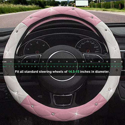 White Pink Steering Wheel Cover, Anti-Slip Steering Wheel Protector with Crystal Rhinestones Microfiber Leather, Steering Wheel Cover for Women and Girl Fit 14.5-15 inch - color: White+Pink