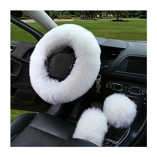 Ziciner 3PCS Wool Steering Wheel Cover with Fuzzy Handbrake Cover & Gear Shift Cover, Universal 15 Inch Steering Wheel Fluffy Soft Protector, Comforting Warm Car Decoration for Women Men (White) - style: White