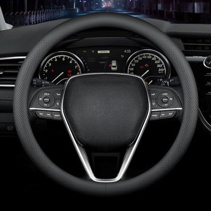 LKWLIKEI Nappa Premium Leather car Steering Wheel Cover, Non-Slip, Breathable, Universal 15 inches, Black. - color: Black