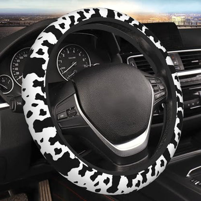 Black White Cow Print Neoprene Steering Wheel Cover for Men Women Anti-Slip Elastic Steering Wheel Protective Cover 15in Universal Car Accessories Fit Cars, SUVs, Auto - color: Black White Cow Print
