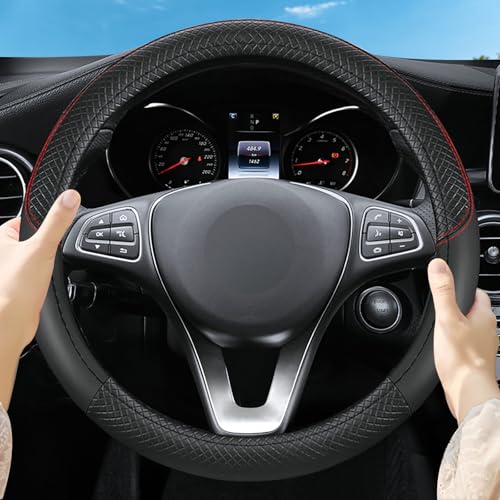 Leather Patchwork Black Steering Wheel Cover, 14.5-15 Inch Non-Slip Breathable Microfiber Car Steering Wheel Protector - color: Leather Patchwork - Black