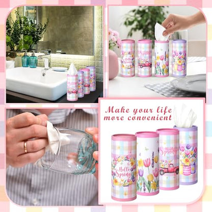 12 Pack Hello Spring Car Tissue Cylinder Holder Bulk with 3 Ply Facial Tissues Flower Round Napkin Holders for Cup Holder Cylinder Floral Mason Jar Travel Paper Tubes Bulk Napkin Boxes Packs - style: Hello Spring