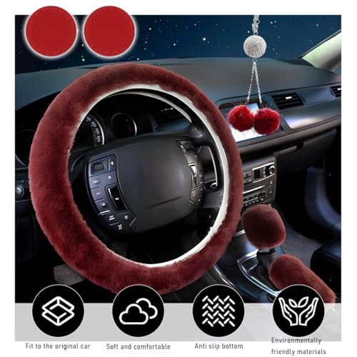 6 PCS Fluffy Steering Wheel Covers Set, 15 Inch Soft Steering Wheel Cover, Handbrake Cover & Gear Shift Cover & Cup Holder Coaster & Car Mirror Accessory, Car Accessories (Wine Red) - color: Wine Red