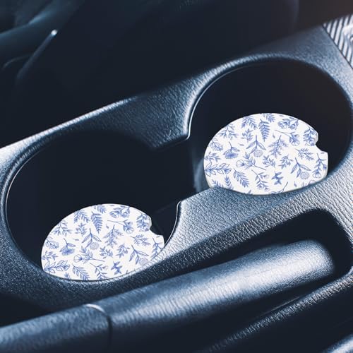 2pcs Car Cup Coasters, 2.6in Absorbent Ceramic Car Coasters with Cork Backing Non-Slip Cup Holders Vehicle Interior Decor Accessories for Women Men (Retro Blue Flowers)