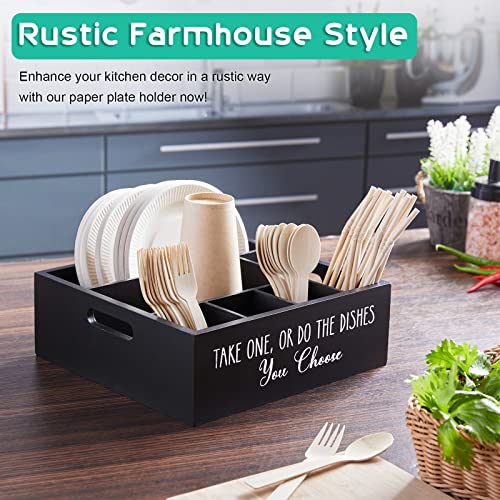 ALELION Paper Plate Dispenser for Countertop - Wooden Utensil Holder Organizer for Party - Silverware Caddy for Plate, Cup, Fork, Spoon - Cutlery Holder with Handles for Kitchen Camping Buffet - style: Black