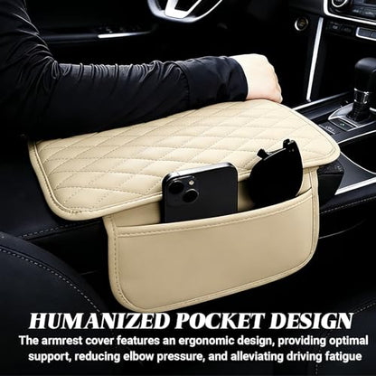 Car Center Console Cover, Upgraded Microfiber Car Armrest Cover Cushion, with 2 Storage Bags Scratch, Resistant Leather Cars Armrest Storage Box Universal Vehicles Accessories (Beige) - color: Beige