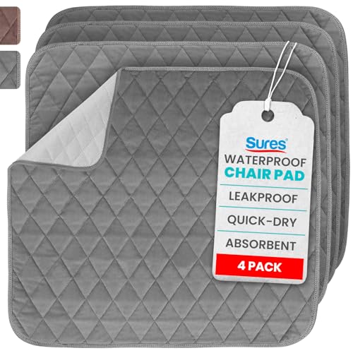 Sures Waterproof Chair Pads for Incontinence (22" x 21") - Washable Seat Protector - Chair Cover - Absorbent Pad for Bed, Seat, Car, Wheelchair & Recliner (Gray, 4 Pack) - color: Gray, size: 4 Pack