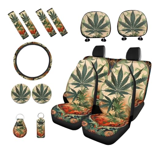 Marijuana Printed 15 Pcs Car Seat Cover Full Set, Protective Car Accessory Set Seat Covers with Steering Wheel Cover Car Headrest Cover Seat Belt Covers Car Coaster - color: Green and Brown-Marijuana