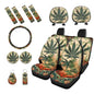 Marijuana Printed 15 Pcs Car Seat Cover Full Set, Protective Car Accessory Set Seat Covers with Steering Wheel Cover Car Headrest Cover Seat Belt Covers Car Coaster - color: Green and Brown-Marijuana