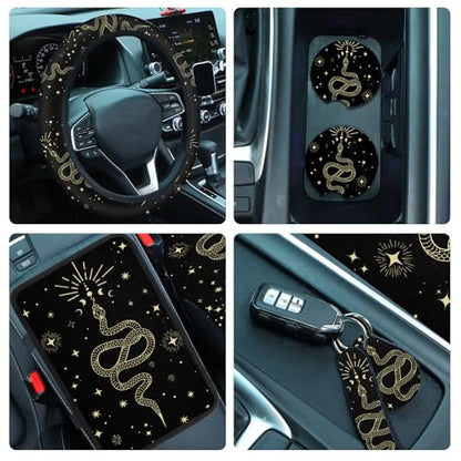 15 Pcs Boho Celestial Snake Seat Covers Full Set Thick Car Front and Back Steering Wheel Cover Seatbelt Strap Armrest Pads Cup Mat Wrist Strap Key Chains for Auto Truck - style: Snake