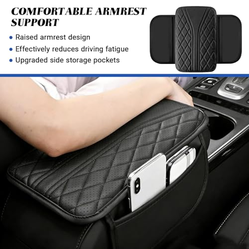 Upgraded Car Center Console Cover, Leather Auto Armrest Cover with 2 Storage Bags, Waterproof Center Console Protective Pad, Universal Cars Armrest Storage Box for Sedan, SUV, Truck (Black) - color: Black