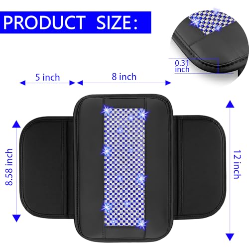 NBTEPEM Bling Car Armrest Cover, Universal Microfiber Leather Center Console Cover with 2 Pockets, Rhinestone Car Armrest Cushion Protector, Bling Accessories Interior for Most Vehicles (Blue Diamond)