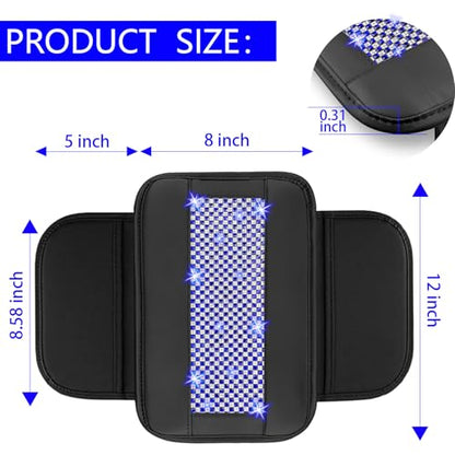 NBTEPEM Bling Car Armrest Cover, Universal Microfiber Leather Center Console Cover with 2 Pockets, Rhinestone Car Armrest Cushion Protector, Bling Accessories Interior for Most Vehicles (Blue Diamond)