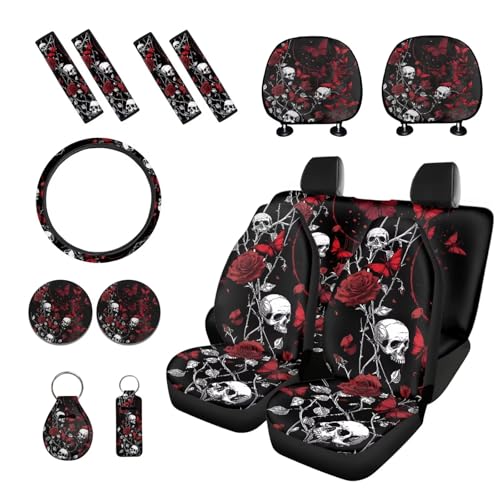 Skull Rose Butterfly Print Red Black 15 Pack Car Seat Cover Set, Car Accessories Set Front Rear Seat Covers Steering Wheel Cover Seat Belt Covers Car Headrest Cover - color: Skull Rose Butterfly Print Red Black