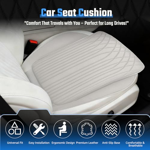 Universal Car Seat Cushion, Nappa Leather Ventilation Hole Breatheable Design for Driver Passenger, All-Season Anti-Slip Bottom Seat Cover,19.49in x 21.26in (1 Piece/White)