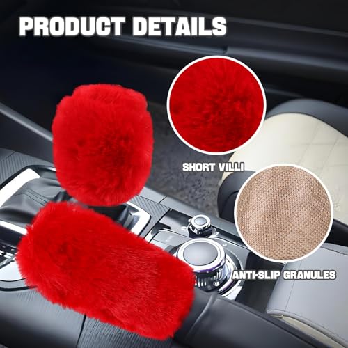 Hovom 2PCS Fluffy Car Gear Shift Knob Cover & Handbrake Cover, Soft Plush Hand Brake Handle & Gear Shift Cover for Women Girls, Universal Comfortable Warm Furry Car Accessories (Red) - color: Red