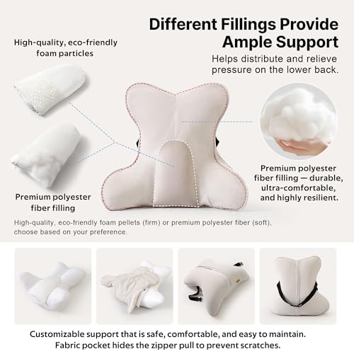 Lumbar Support Pillow(Pat. Pend) – Multi-Functional Ergonomic Back Cushion for Sofa Chair, Car Seat & Sofa, Reading Pillow with Firm Multi-Zone Support to Relieve Lower Back Pain, Misty White