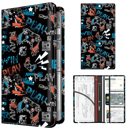 Premium Car Registration and Insurance Card Holder, Cute PU Leather Car Document Holder, Vehicle Glove Box Car Organizer with Magnetic Closure for Driver License, Cards Neon Gamer Pattern - color: Neon Gamer Pattern