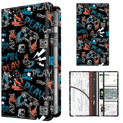 Premium Car Registration and Insurance Card Holder, Cute PU Leather Car Document Holder, Vehicle Glove Box Car Organizer with Magnetic Closure for Driver License, Cards Neon Gamer Pattern - color: Neon Gamer Pattern