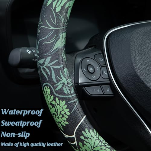 Sage Green Floral Steering Wheel Cover Auto Leather Steering Wheel Protector, Anti-Slip, Breathable, Absorbing Sweat, Universal Floral Car Accessories 14.5–15 inch,Fit for Most Car, Trucks, SUV