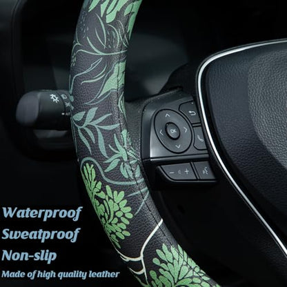 Sage Green Floral Steering Wheel Cover Auto Leather Steering Wheel Protector, Anti-Slip, Breathable, Absorbing Sweat, Universal Floral Car Accessories 14.5–15 inch,Fit for Most Car, Trucks, SUV