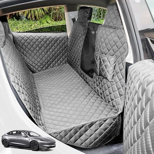 Dog Seat Covers for Tesla Model 3 & Y Back Seat with 2 Pack Door Protectors, 100% Waterproof Dog Hammock for Tesla with Mesh Window & Headrest Protection Prevents Scratches and Scuffs (Gray)