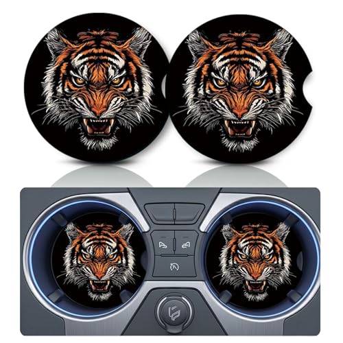 2PCS Tiger Car Cup Holder Coasters, Cars Coasters for Cup Holders, 2.75" Universal Anti Slip Rubber Mat with Finger Slot, Bengal Tigers Car Accessories Interior Decor, Tiger Gifts for Women, Men - color: Tiger