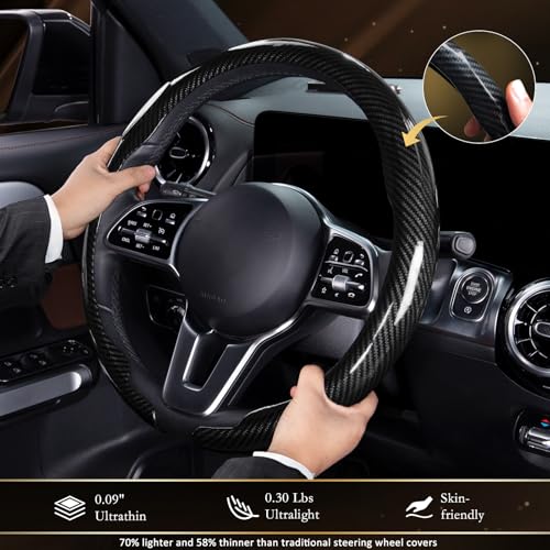 Aimato Car Steering Wheel Cover Carbon Fiber, Ultra-Thin Car Steering Wheel Cover,Comfortable & Breathable Microfiber,Universal Fit for Most Cars, Bright Black - color: Bright Black