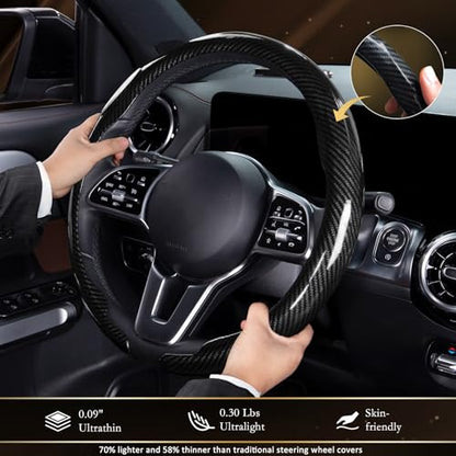 Aimato Car Steering Wheel Cover Carbon Fiber, Ultra-Thin Car Steering Wheel Cover,Comfortable & Breathable Microfiber,Universal Fit for Most Cars, Bright Black - color: Bright Black