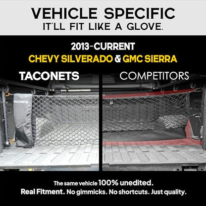 TacoNets Envelope Cargo Net for GMC Sierra & Chevy Silverado - Fits 2013-Current - Upgraded 5mm Bungee - Integrated Storage Bag - Heavy Duty Carabiners - Designed in USA - style: Chevy Silverado / GMC Sierra 2013+
