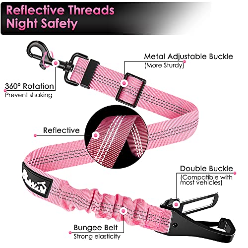 SlowTon Dog Seat Belt for Car, Adjustable 3 in 1 Dog Seatbelt with Elastic Bungee Buffer, Nylon Heavy Duty Dog Car Harness Reflective Safety Tether Leash with Latch Hook Clip Pink - color: Pink