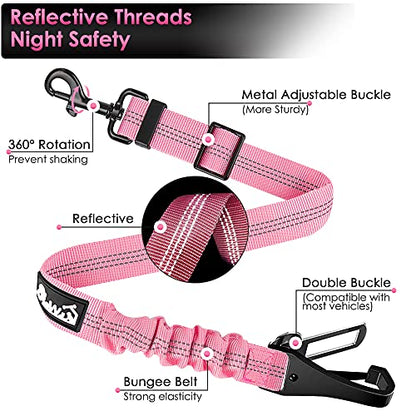SlowTon Dog Seat Belt for Car, Adjustable 3 in 1 Dog Seatbelt with Elastic Bungee Buffer, Nylon Heavy Duty Dog Car Harness Reflective Safety Tether Leash with Latch Hook Clip Pink - color: Pink