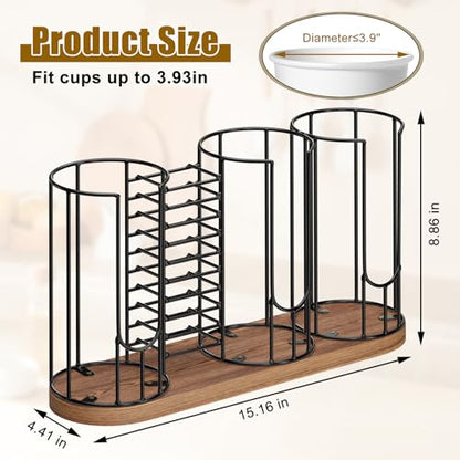 Coffee Cup Dispenser Rack with Wood Base, 18oz Cup Holder Organizer for Storing Paper Cups, Straws, Lids and Disposable Tableware(4-compartment) - color: Black 4-Compartment
