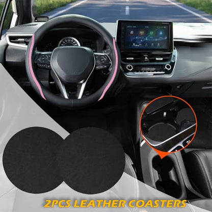 Steering Wheel Cover Black Pink, Leather Car Steering Wheel Covers with Coasters Universal 14.5-15 inch Microfiber Breathable Anti-Slip Steering Wheel Accessories Set - color: Pink, size: Medium