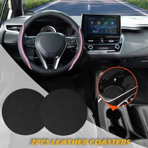 Steering Wheel Cover Black Pink, Leather Car Steering Wheel Covers with Coasters Universal 14.5-15 inch Microfiber Breathable Anti-Slip Steering Wheel Accessories Set - color: Pink, size: Medium