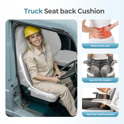 2 in1 Truck Seat Cushion and Lumbar Support Pillow Memory Foam Car Seat Cushion with Adjustable Strap for Truck Driver Long Drives, Fits Semi Truck Seat,Car,Office&Gaming Chair(Light Grey)