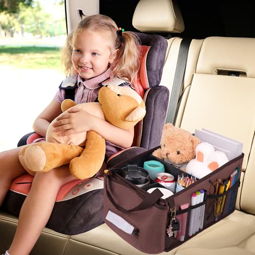 HEYSKAY Car Seat Organizer-Passenger Seat Organizer, Collapsible Small Car Seat Organizer for Console Front/Back, Car Caddy Organizer with 4pc Drink Holders Automotive Backseat Organizer for Kids - color: Brown