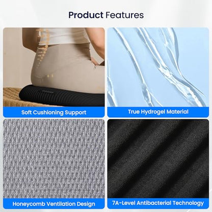 Cooling Gel Seat Cushion for Long Sitting, Black | 3-Second Cooling, Pressure Relief, For Car Seat & Office Chair, Tailbone & Coccyx Support, For Long Sitting