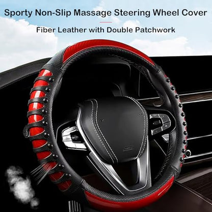 3D Massage Red Carbon Fiber Leather Steering Wheel Cover, 14.5-15 Inch Non-Slip Breathable Microfiber Car Steering Wheel Protector - color: 3D Massage - Sports Red