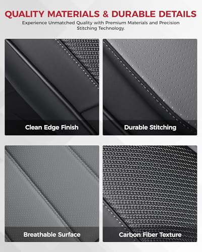 FREESOO Universal Full Seat Covers, Waterproof Faux Leather Automotive Seat Covers with Carbon Fiber Texture Seat Belt Pads, Anti-Slip Airbag Compatible Car Seat Covers for Cars SUVs Trucks - color: Black Gray, size: Full Set - 5 Seats