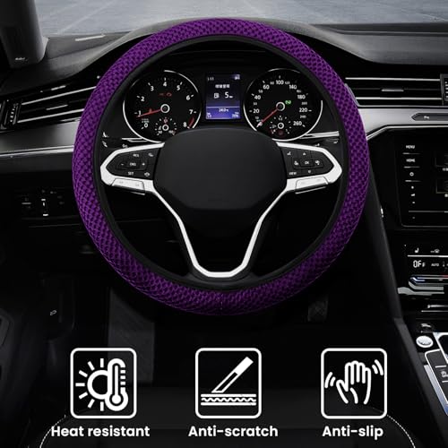 Elastic Stretch Car Steering Wheel Cover, Comfortable Steering Wheel Cover Universal for 14.5-15 Inch, Warm in Winter & Cool in Summer, Anti-Slip Breathable Ice Silk (Purple) - color: Purple