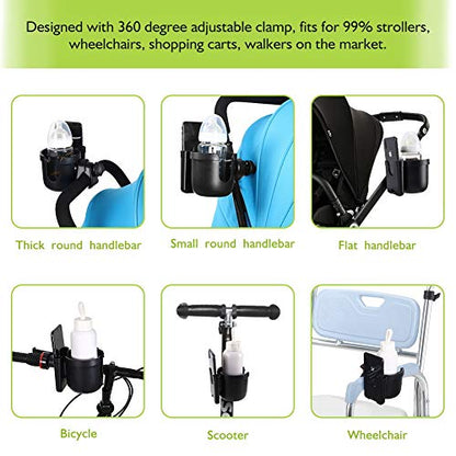 Accmor Stroller Cup Holder with Phone Holder, Bike Cup Holder, Universal Cup Holder for Uppababy Nuna Doona Strollers, 2-in-1 Cup Holder for Walker, Wheelchair, Scooter - color: All Black